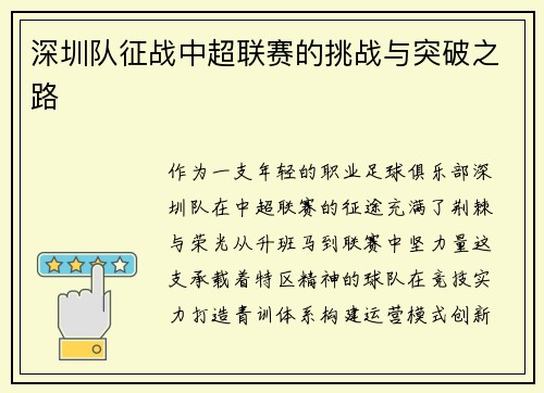 深圳队征战中超联赛的挑战与突破之路