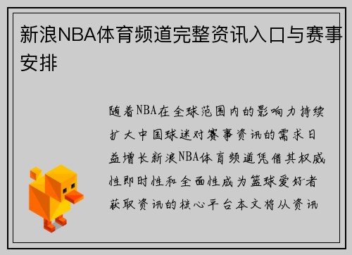 新浪NBA体育频道完整资讯入口与赛事安排