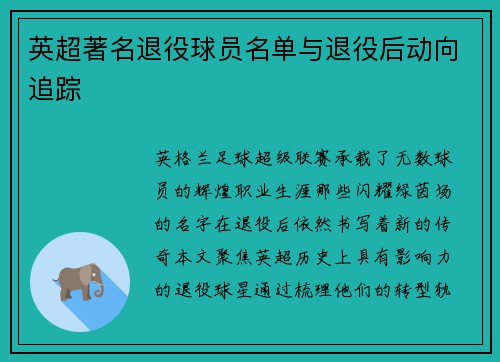 英超著名退役球员名单与退役后动向追踪